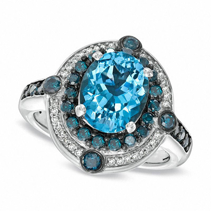 Image of ID 1 Oval Blue Topaz and 075 CT TW Enhanced Blue and White Natural Diamond Ring in Sterling Silver