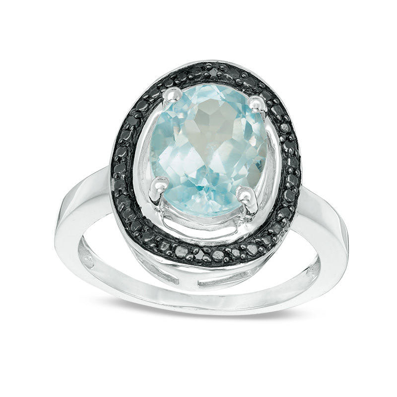 Image of ID 1 Oval Blue Topaz and Enhanced Black Natural Diamond Accent Concave Frame Ring in Sterling Silver