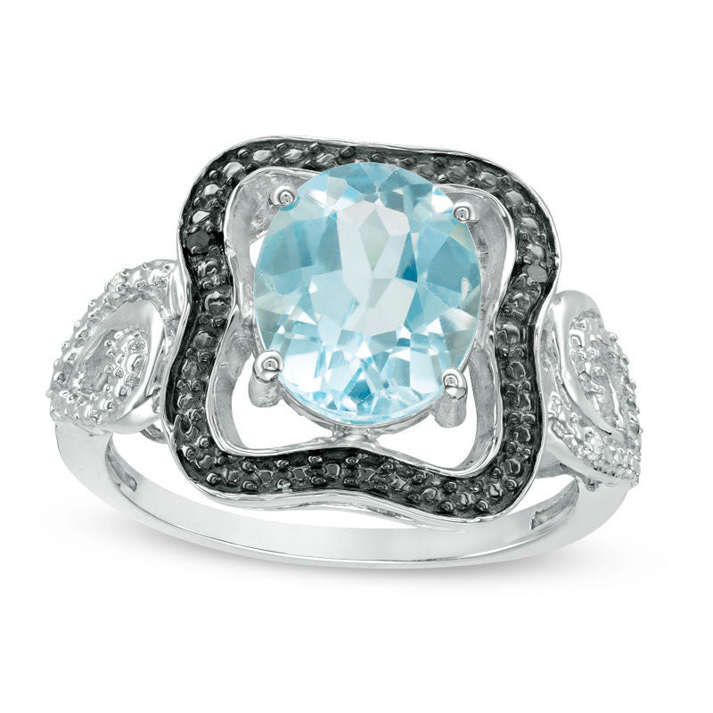 Image of ID 1 Oval Blue Topaz and Enhanced Black and White Natural Diamond Accent Wavy Frame Ring in Sterling Silver