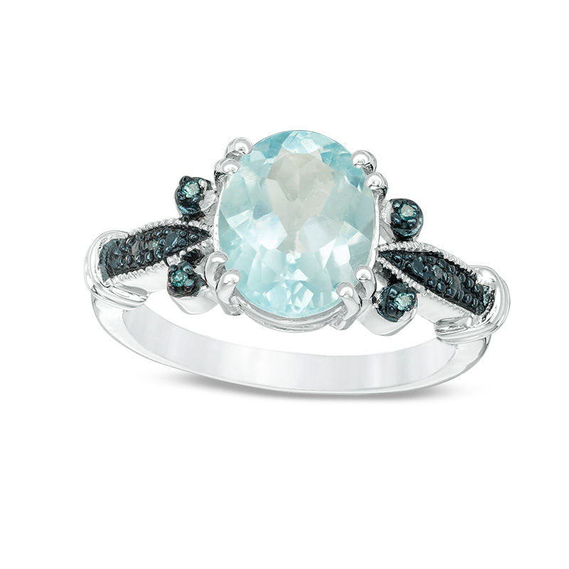 Image of ID 1 Oval Blue Topaz and Enhanced Blue Natural Diamond Accent Antique Vintage-Style Collared Ring in Sterling Silver