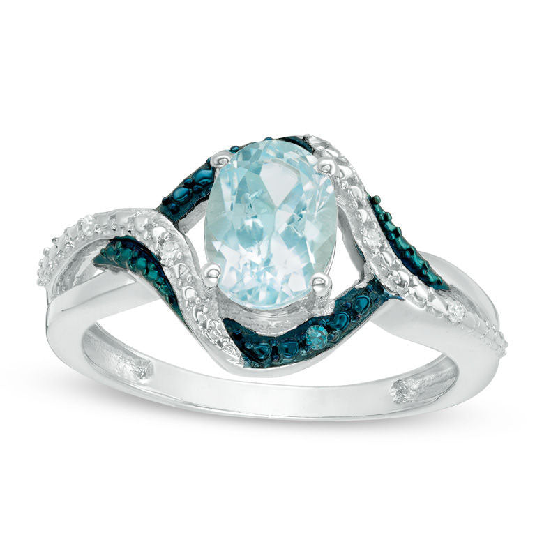 Image of ID 1 Oval Blue Topaz and Enhanced Blue and White Natural Diamond Accent Beaded Swirl Frame Ring in Sterling Silver