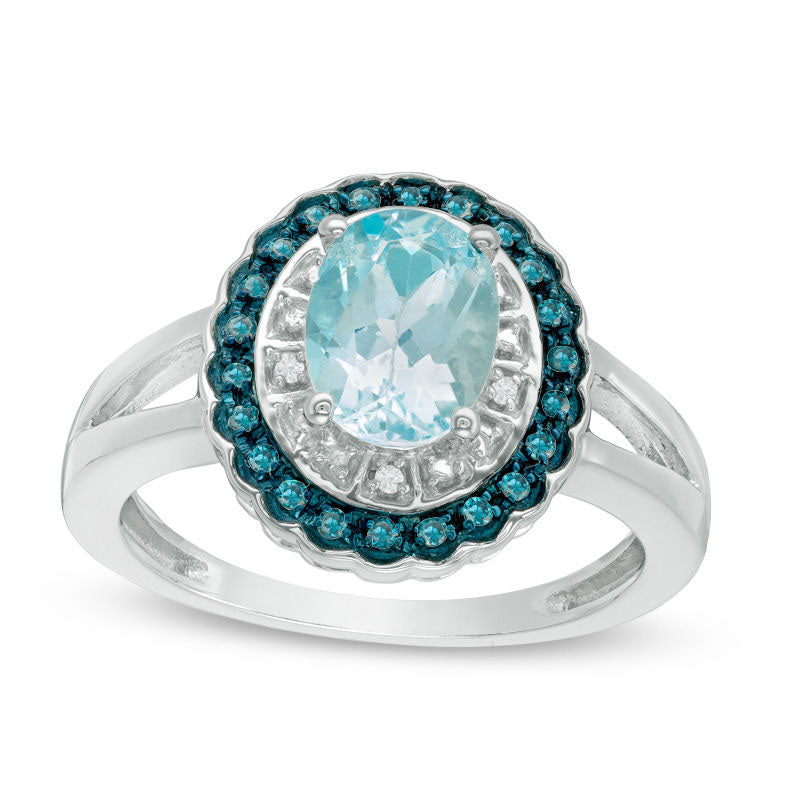 Image of ID 1 Oval Blue Topaz and Enhanced Blue and White Natural Diamond Accent Scallop Frame Ring in Sterling Silver