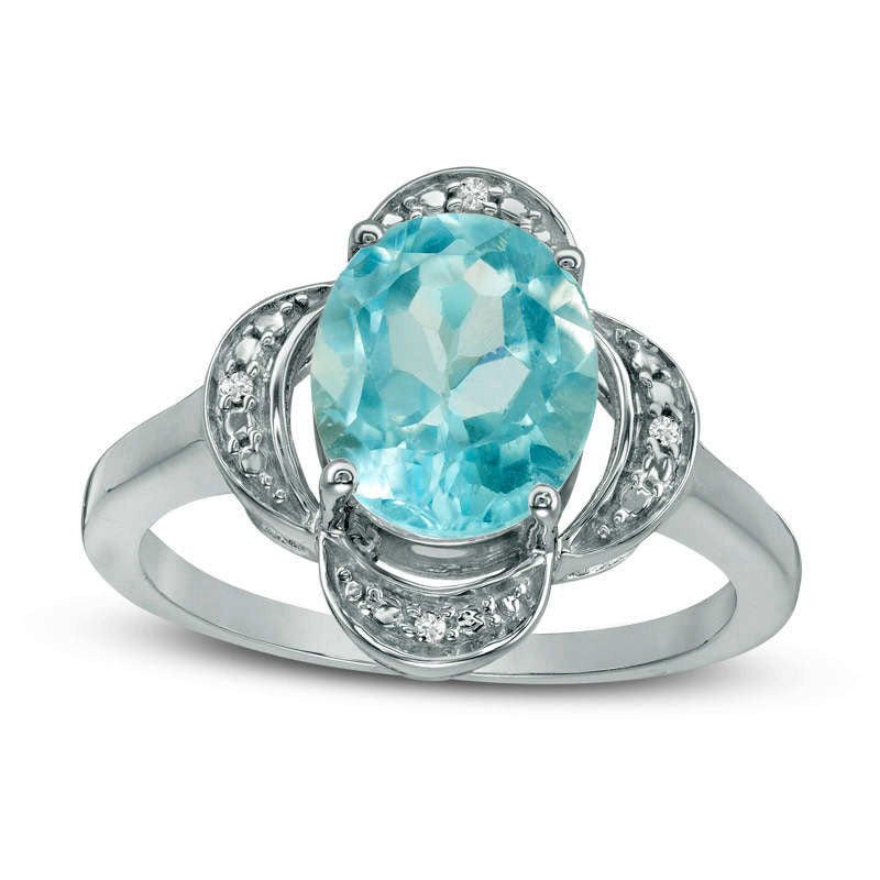 Image of ID 1 Oval Blue Topaz and Natural Diamond Accent Clover Frame Ring in Sterling Silver