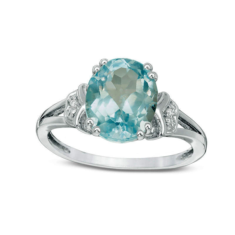 Image of ID 1 Oval Blue Topaz and Natural Diamond Accent Split Shank Antique Vintage-Style Ring in Sterling Silver