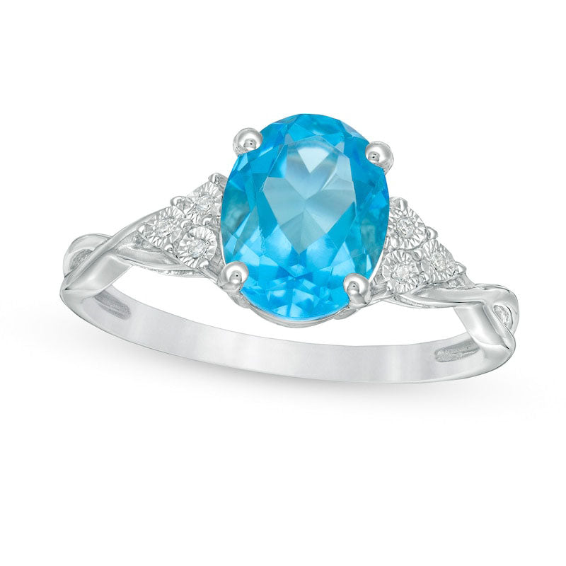Image of ID 1 Oval Blue Topaz and Natural Diamond Accent Tri-Sides Twist Shank Ring in Sterling Silver