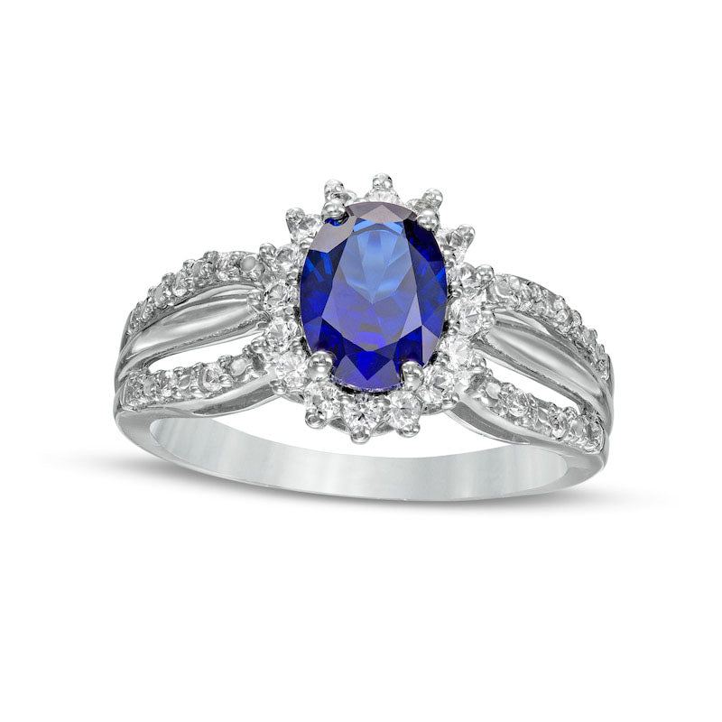 Image of ID 1 Oval Blue and White Lab-Created Sapphire Shadow Frame Split Shank Ring in Sterling Silver