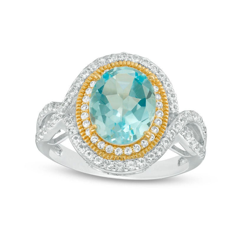 Image of ID 1 Oval Blue and White Topaz Antique Vintage-Style Twist Shank Ring in Sterling Silver and Solid 18K Gold Plate