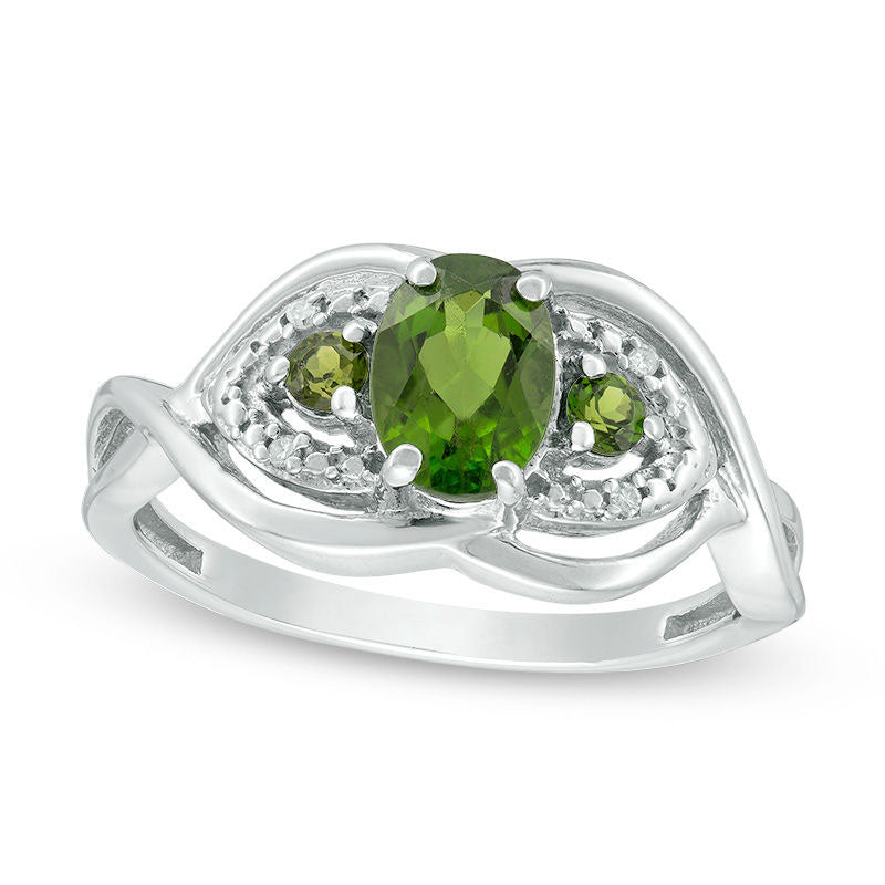 Image of ID 1 Oval Chrome Diopside and Natural Diamond Accent Leaf Twist Shank Ring in Sterling Silver