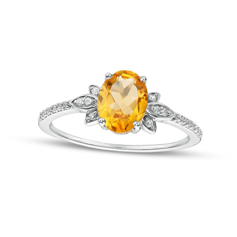 Image of ID 1 Oval Citrine and 010 CT TW Natural Diamond Leaf-Sides Floral Ring in Solid 10K White Gold