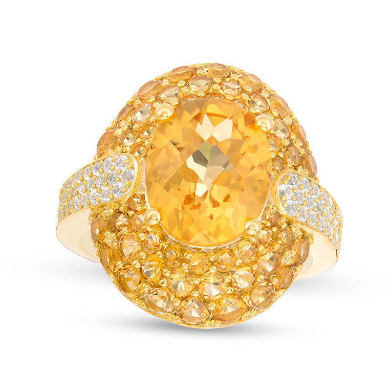 Image of ID 1 Oval Citrine and Lab-Created White Sapphire Frame Arrow-Sides Ring in Sterling Silver with Solid 14K Gold Plate