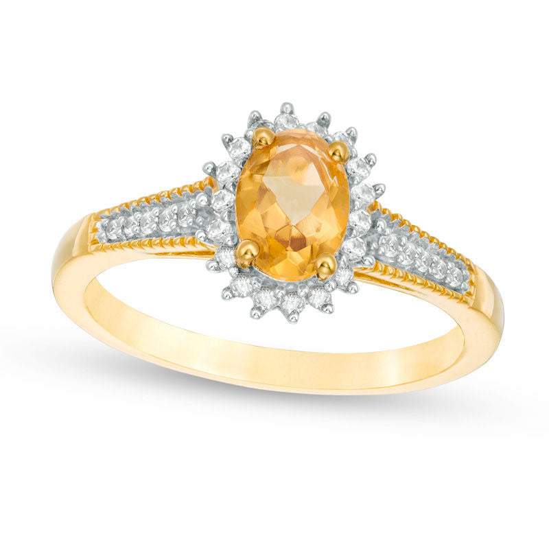 Image of ID 1 Oval Citrine and Lab-Created White Sapphire Starburst Frame Antique Vintage-Style Ring in Sterling Silver with Solid 14K Gold Plate