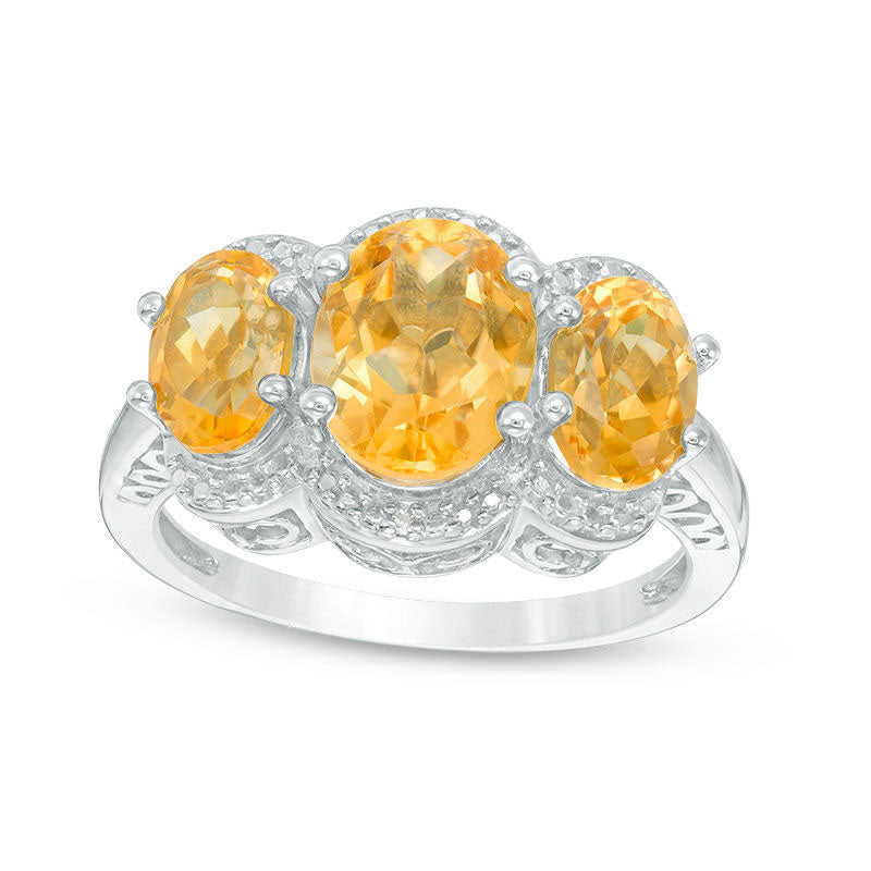 Image of ID 1 Oval Citrine and Natural Diamond Accent Three Stone Frame Ring in Sterling Silver