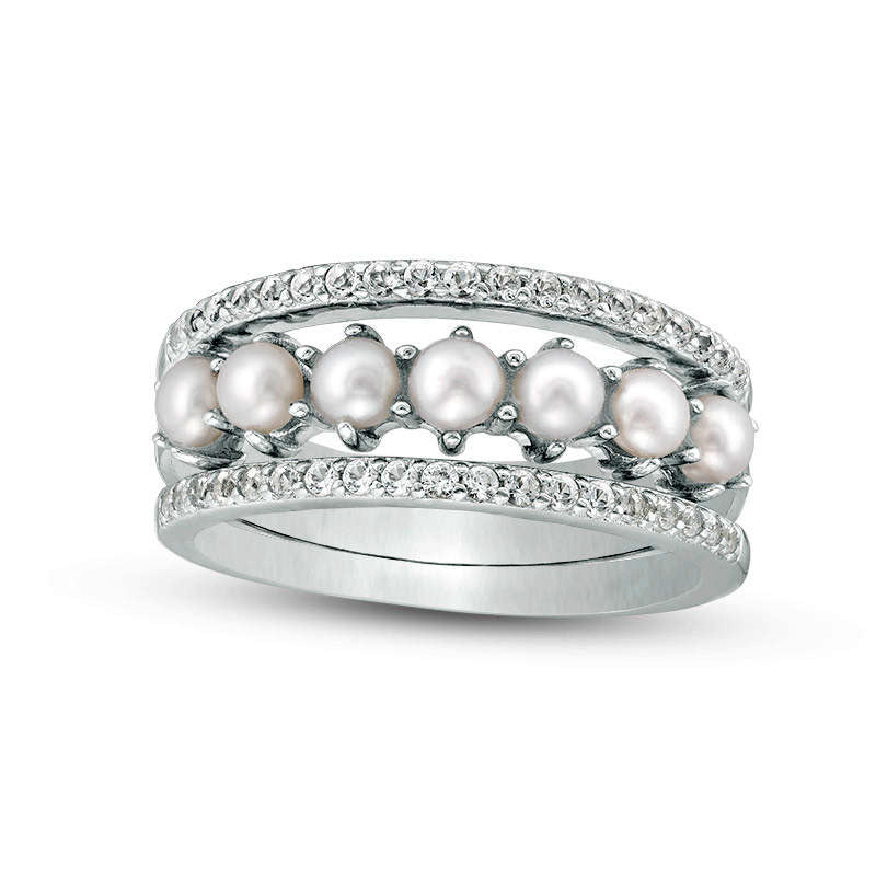 Image of ID 1 Oval Cultured Freshwater Pearl and White Topaz Three Piece Stackable Band Set in Sterling Silver