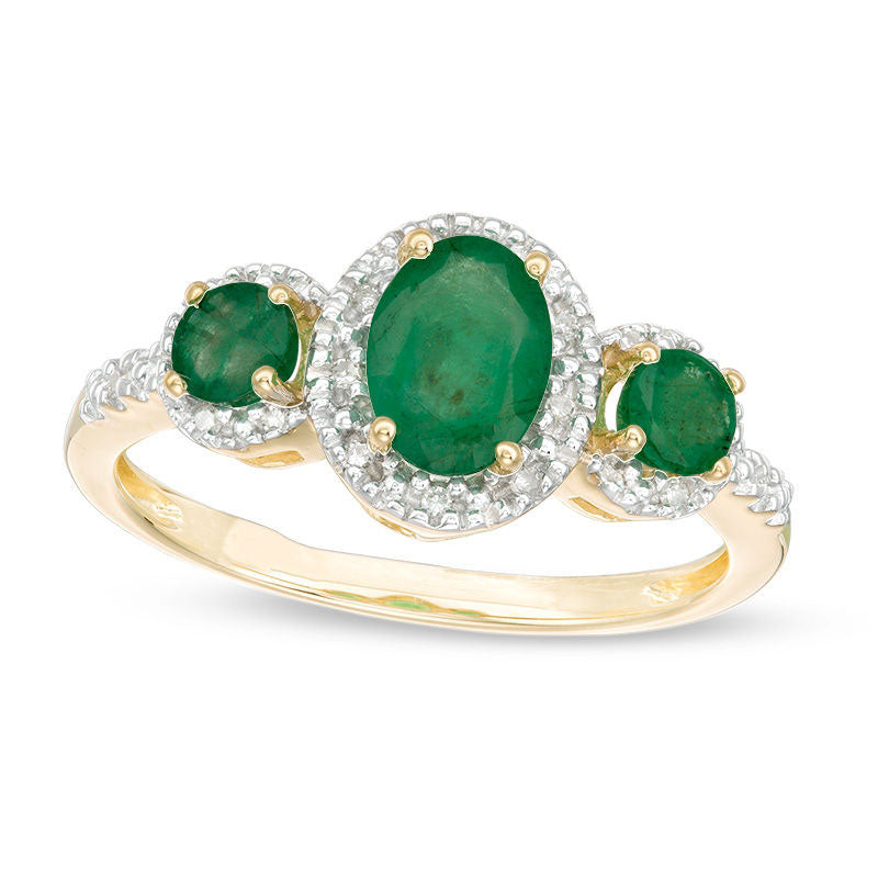 Image of ID 1 Oval Emerald and 005 CT TW Natural Diamond Three Stone Frame Ring in Solid 10K Yellow Gold - Size 7