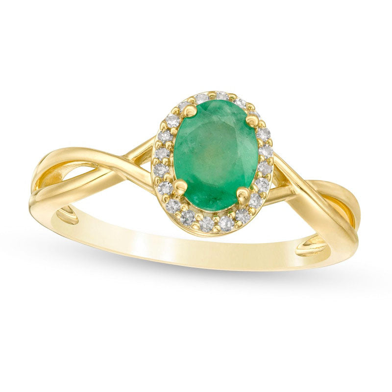 Image of ID 1 Oval Emerald and 007 CT TW Natural Diamond Frame Twist Shank Ring in Solid 10K Yellow Gold