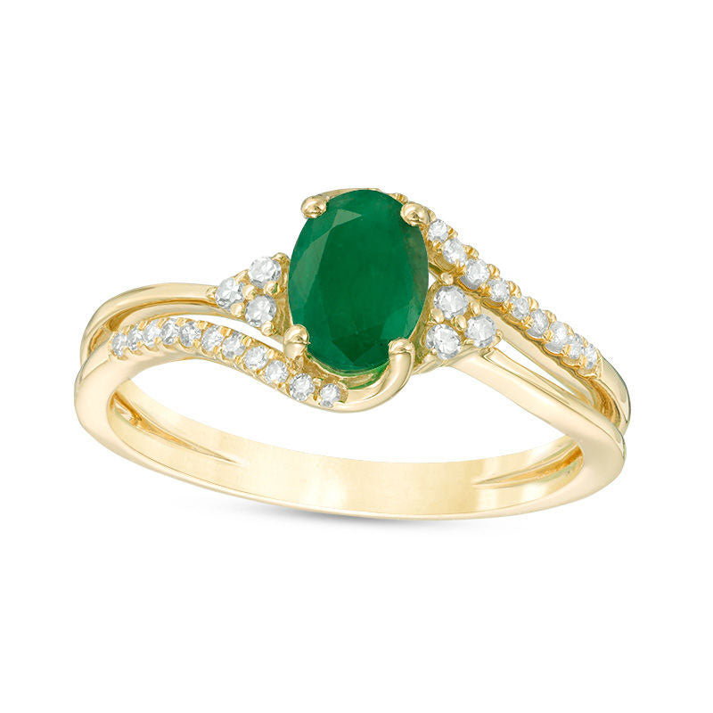 Image of ID 1 Oval Emerald and 013 CT TW Natural Diamond Tri-Sides Bypass Ring in Solid 10K Yellow Gold
