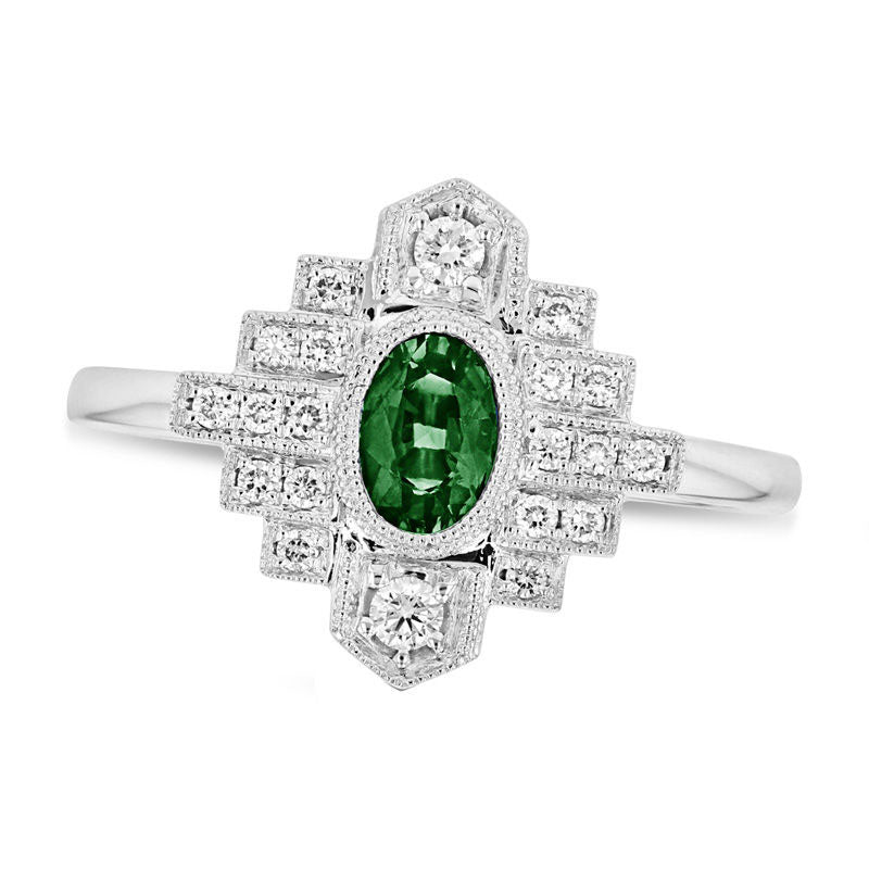 Image of ID 1 Oval Emerald and 020 CT TW Natural Diamond Art Deco Frame Ring in Solid 14K White Gold