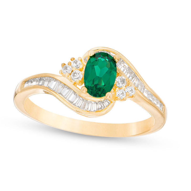Image of ID 1 Oval Emerald and 033 CT TW Natural Diamond Tri-Sides Bypass Ring in Solid 10K Yellow Gold