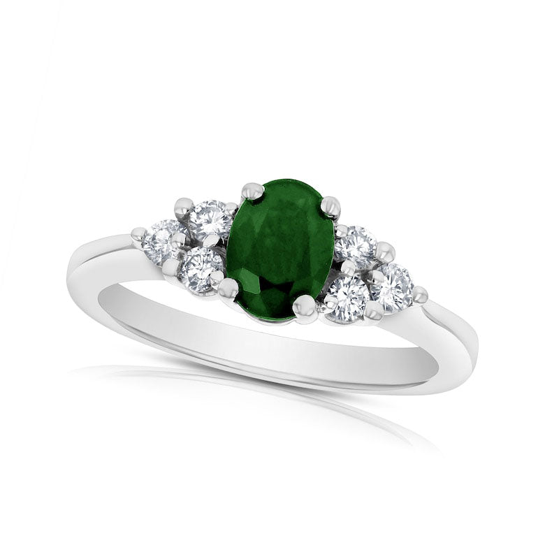 Image of ID 1 Oval Emerald and 033 CT TW Natural Diamond Tri-Sides Engagement Ring in Solid 14K White Gold
