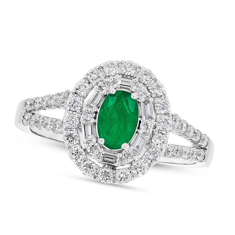 Image of ID 1 Oval Emerald and 063 CT TW Natural Diamond Double Geometric Frame Split Shank Engagement Ring in Solid 18K White Gold