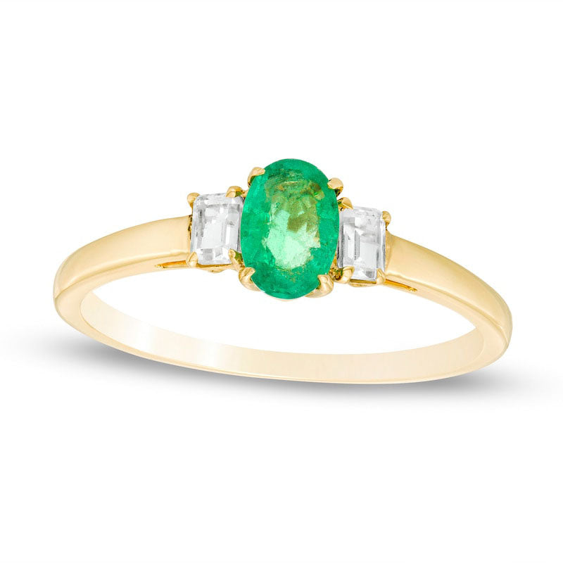 Image of ID 1 Oval Emerald and Baguette-Cut White Topaz Three Stone Ring in Solid 10K Yellow Gold