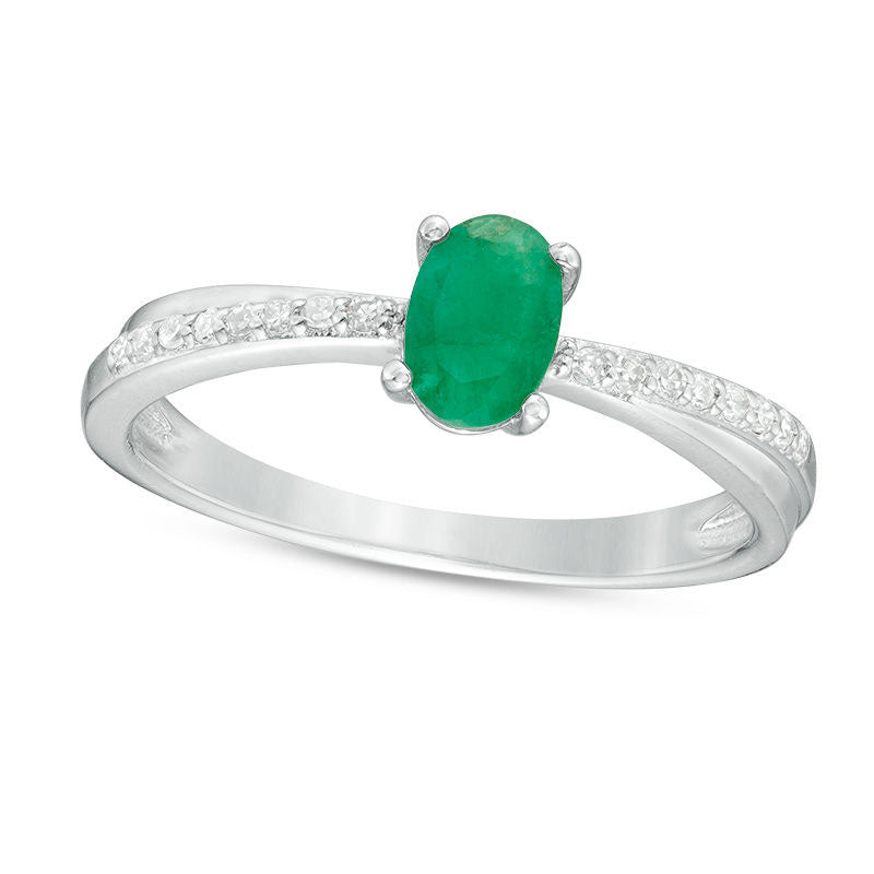 Image of ID 1 Oval Emerald and Natural Diamond Accent Crossover Ring in Sterling Silver