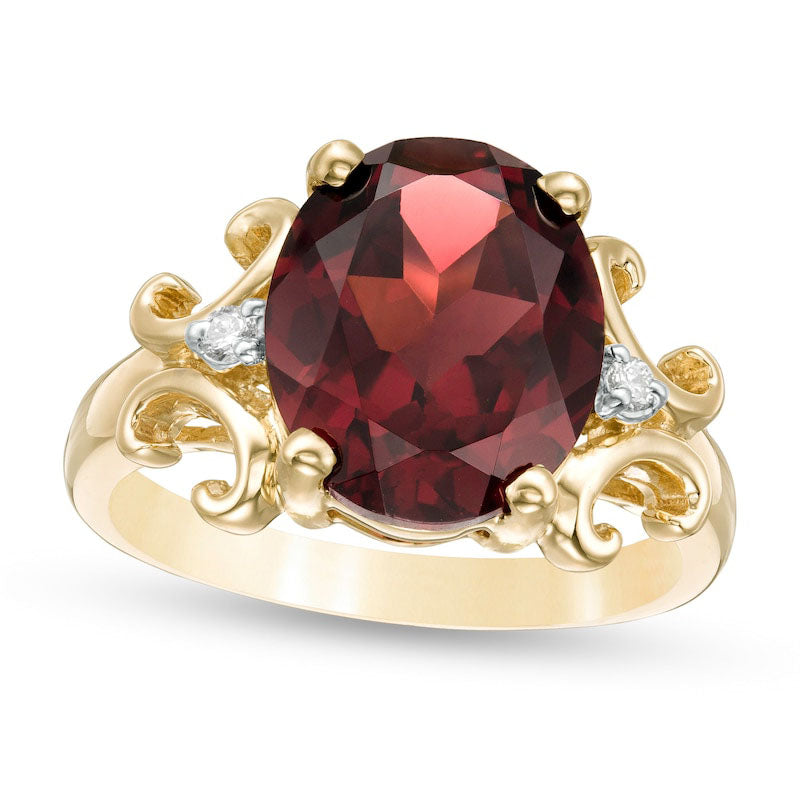 Image of ID 1 Oval Garnet and 005 CT TW Natural Diamond Scroll Frame Ring in Solid 10K Yellow Gold