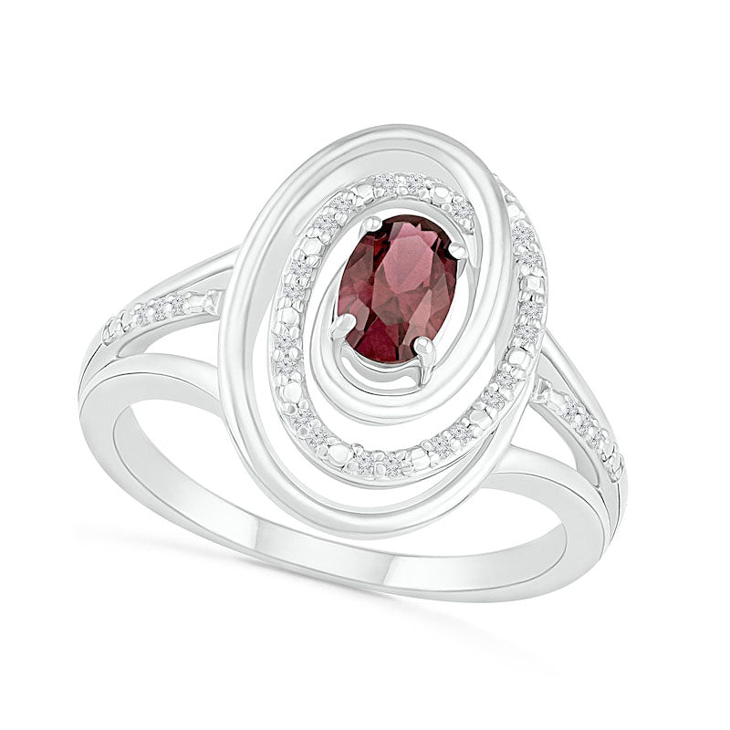 Image of ID 1 Oval Garnet and 007 CT TW Natural Diamond Beaded Open Swirl Frame Triple Row Split Shank Ring in Sterling Silver