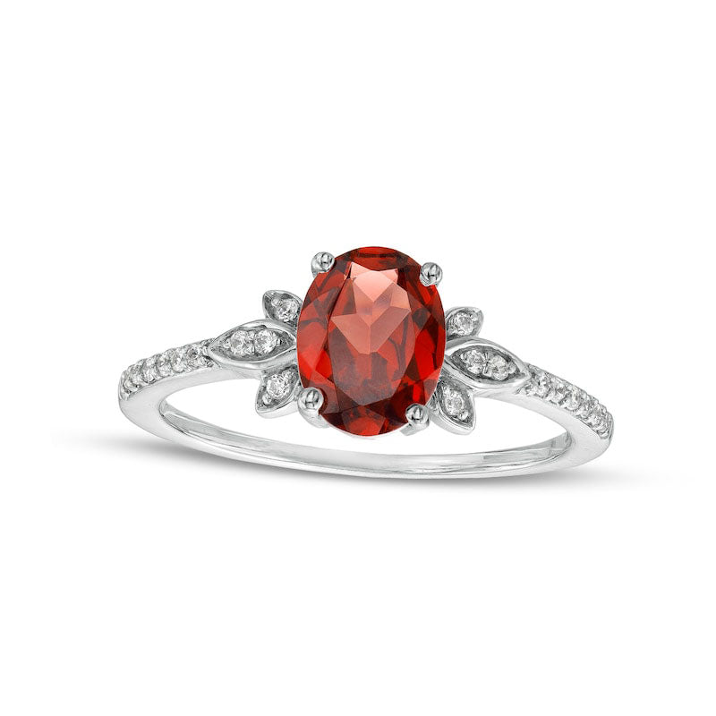Image of ID 1 Oval Garnet and 010 CT TW Natural Diamond Leaf-Sides Floral Ring in Solid 10K White Gold