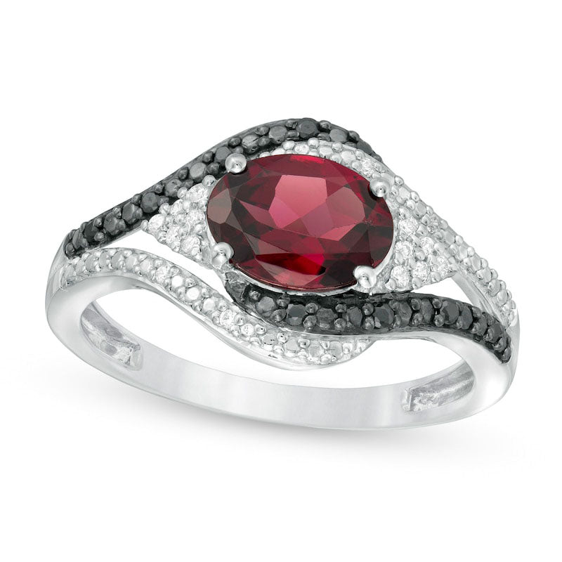 Image of ID 1 Oval Garnet and 010 CT TW White and Enhanced Black Natural Diamond Bypass Frame Ring in Sterling Silver