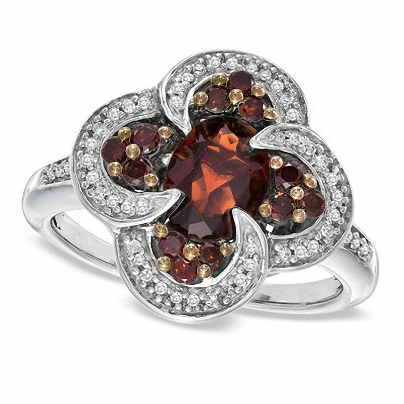 Image of ID 1 Oval Garnet and 033 CT TW Enhanced Red and White Natural Diamond Ring in Sterling Silver