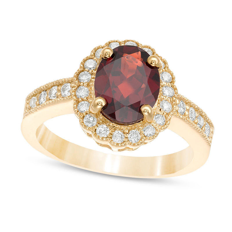 Image of ID 1 Oval Garnet and 033 CT TW Natural Diamond Scallop Frame Antique Vintage-Style Ring in Solid 10K Yellow Gold