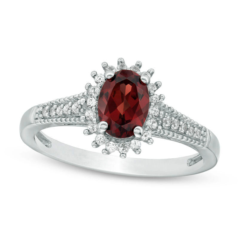 Image of ID 1 Oval Garnet and Lab-Created White Sapphire Starburst Frame Antique Vintage-Style Ring in Sterling Silver