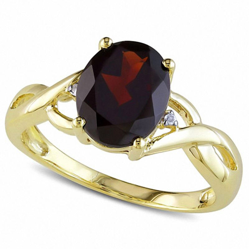 Image of ID 1 Oval Garnet and Natural Diamond Accent Bypass Ring in Solid 10K Yellow Gold