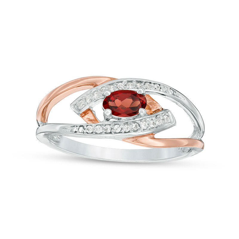 Image of ID 1 Oval Garnet and Natural Diamond Accent Split Shank Ring in Sterling Silver and Solid 10K Rose Gold