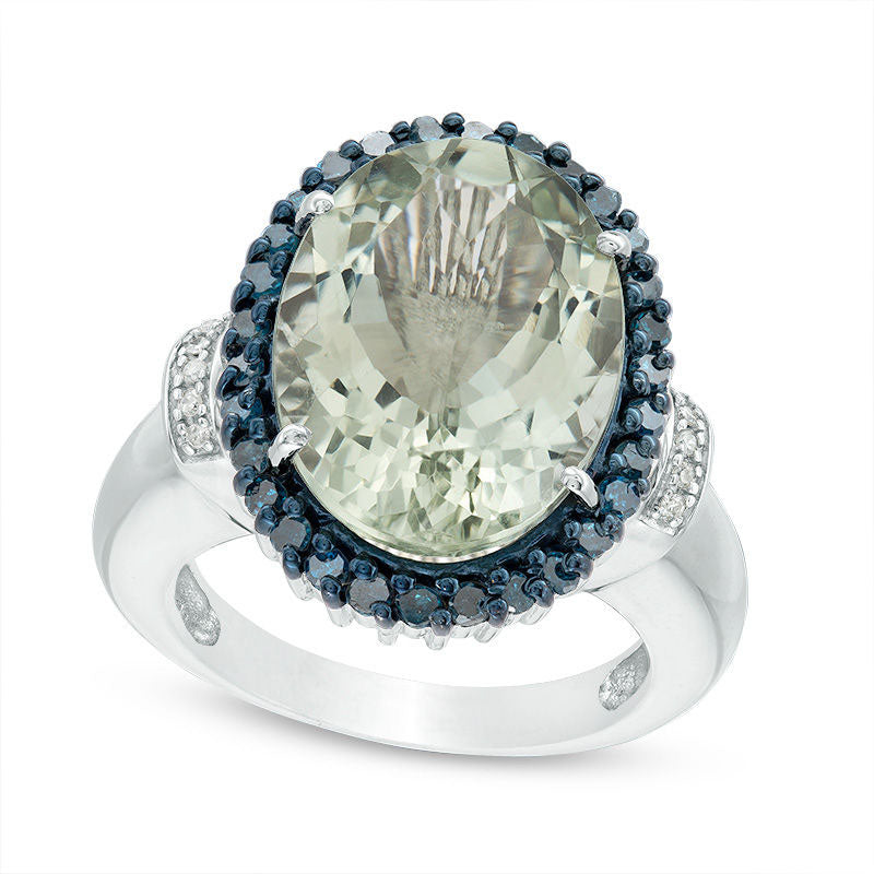 Image of ID 1 Oval Green Quartz and 050 CT TW Enhanced Blue and White Natural Diamond Frame Collared Ring in Sterling Silver