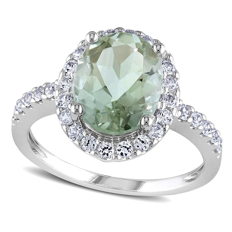 Image of ID 1 Oval Green Quartz and Lab-Created White Sapphire Frame Ring in Solid 10K White Gold