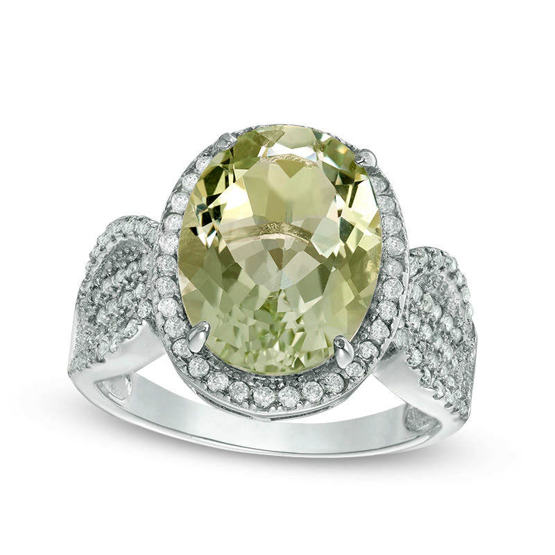 Image of ID 1 Oval Green Quartz and Lab-Created White Sapphire Frame Ring in Sterling Silver