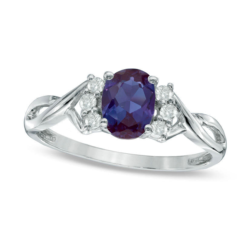 Image of ID 1 Oval Lab-Created Alexandrite and 013 CT TW Diamond Ring in Solid 10K White Gold