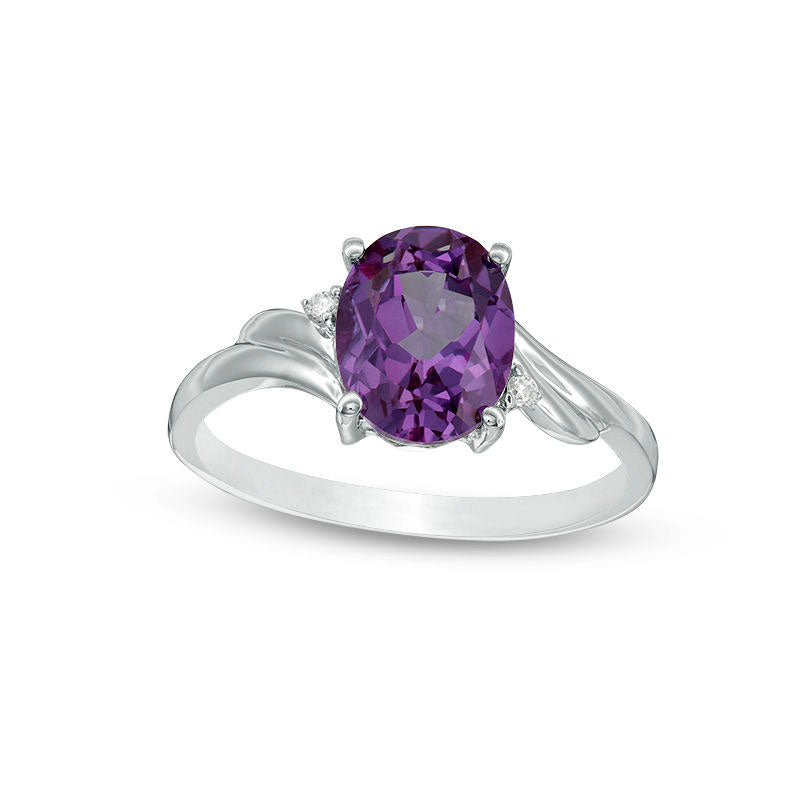 Image of ID 1 Oval Lab-Created Alexandrite and Diamond Accent Bypass Swirl Shank Ring in Solid 10K White Gold