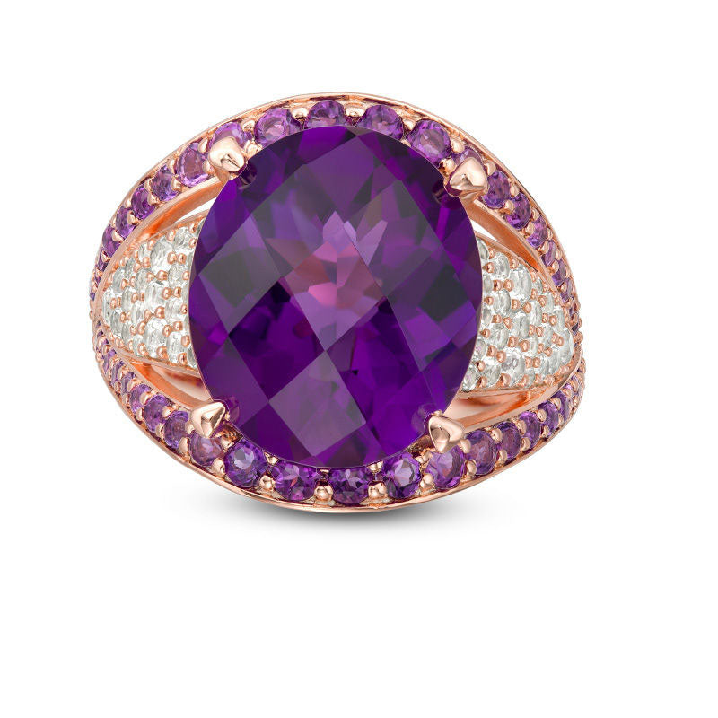 Image of ID 1 Oval Lab-Created Amethyst and White Sapphire Crossover Ring in Sterling Silver with Solid 14K Rose Gold Plate
