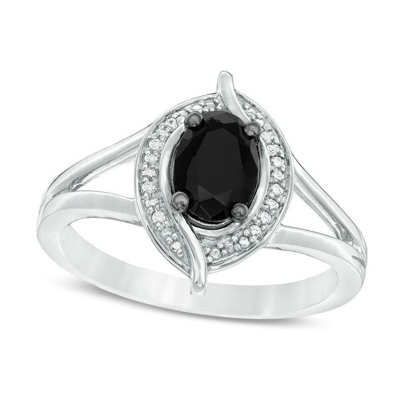Image of ID 1 Oval Lab-Created Black Sapphire and 005 CT TW Diamond Bead Bypass Swirl Frame Ring in Sterling Silver