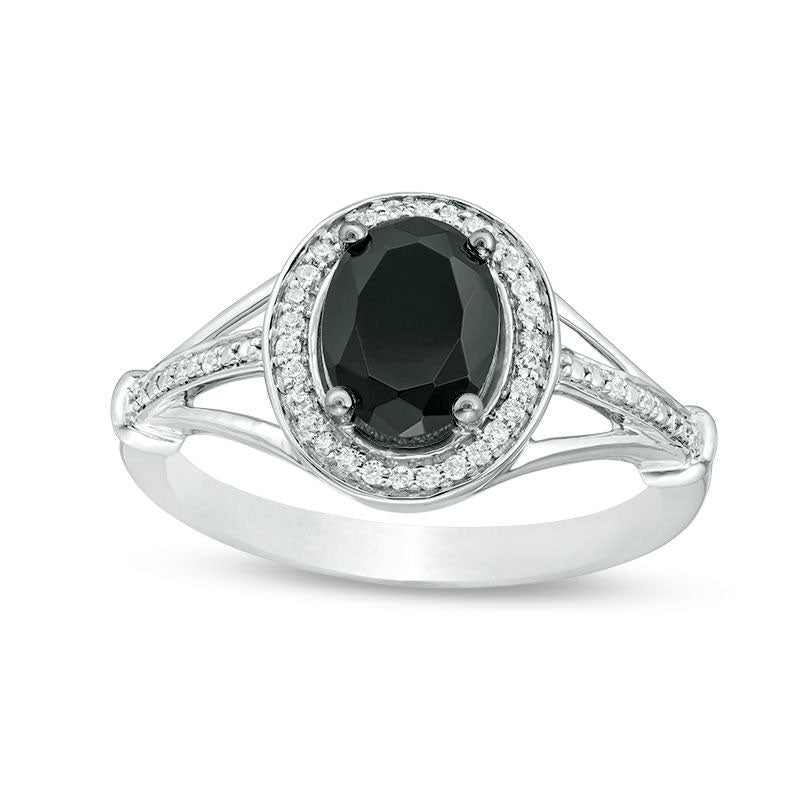 Image of ID 1 Oval Lab-Created Black Sapphire and 010 CT TW Diamond Frame Triple Row Split Shank Ring in Sterling Silver