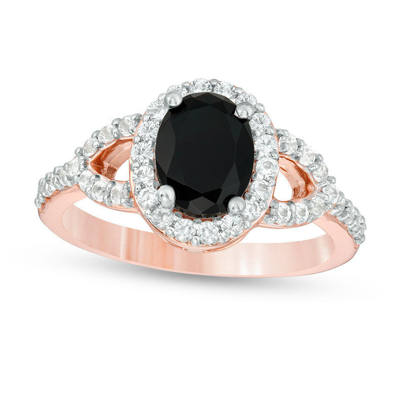 Image of ID 1 Oval Lab-Created Black and White Sapphire Frame Open Leaf Ring in Solid 10K Rose Gold