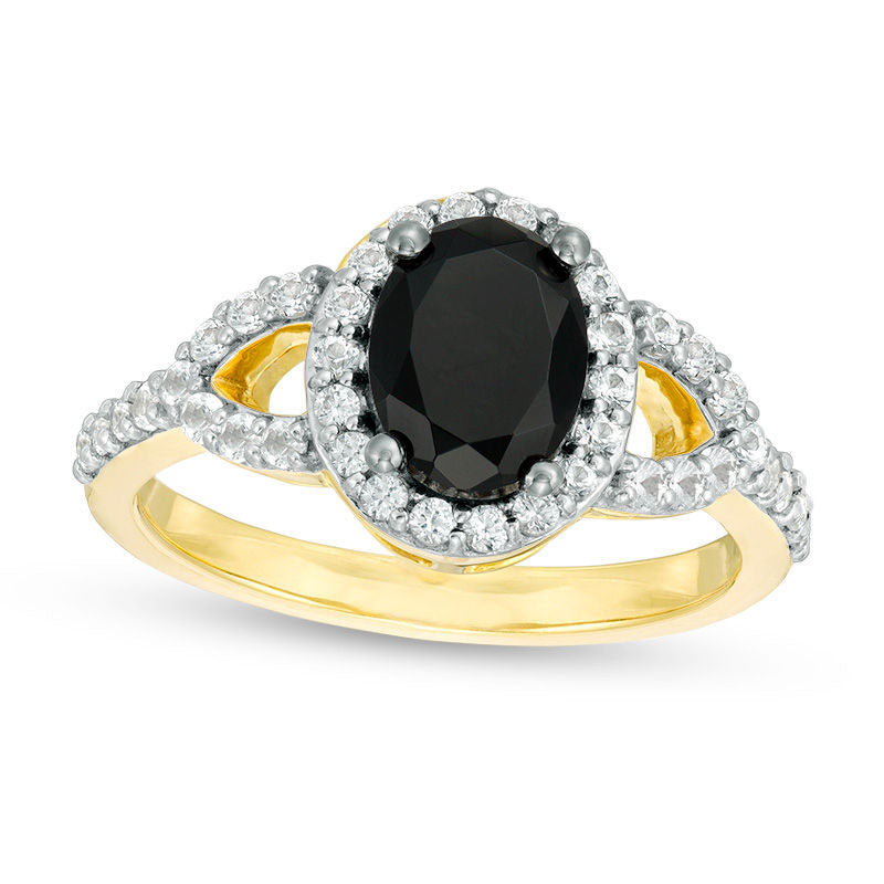 Image of ID 1 Oval Lab-Created Black and White Sapphire Frame Open Leaf Ring in Solid 10K Yellow Gold
