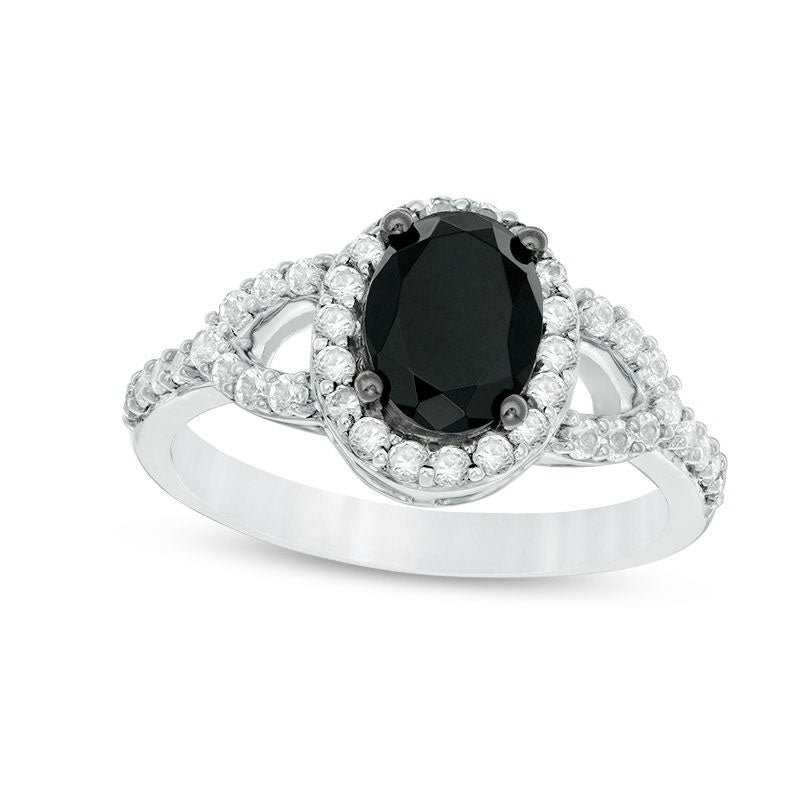 Image of ID 1 Oval Lab-Created Black and White Sapphire Frame Open Leaf Ring in Sterling Silver
