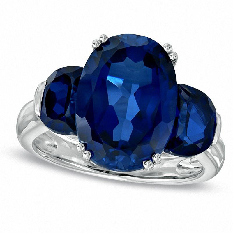 Image of ID 1 Oval Lab-Created Blue Sapphire Three Stone Ring in Sterling Silver