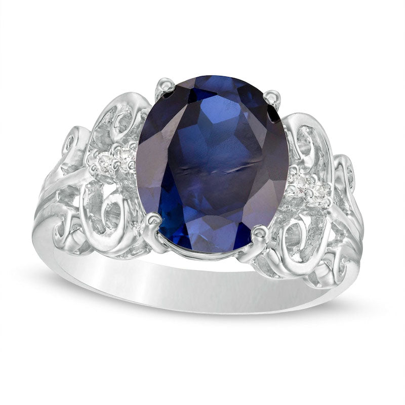 Image of ID 1 Oval Lab-Created Blue Sapphire and 005 CT TW Diamond Antique Vintage-Style Scroll Ring in Solid 10K White Gold