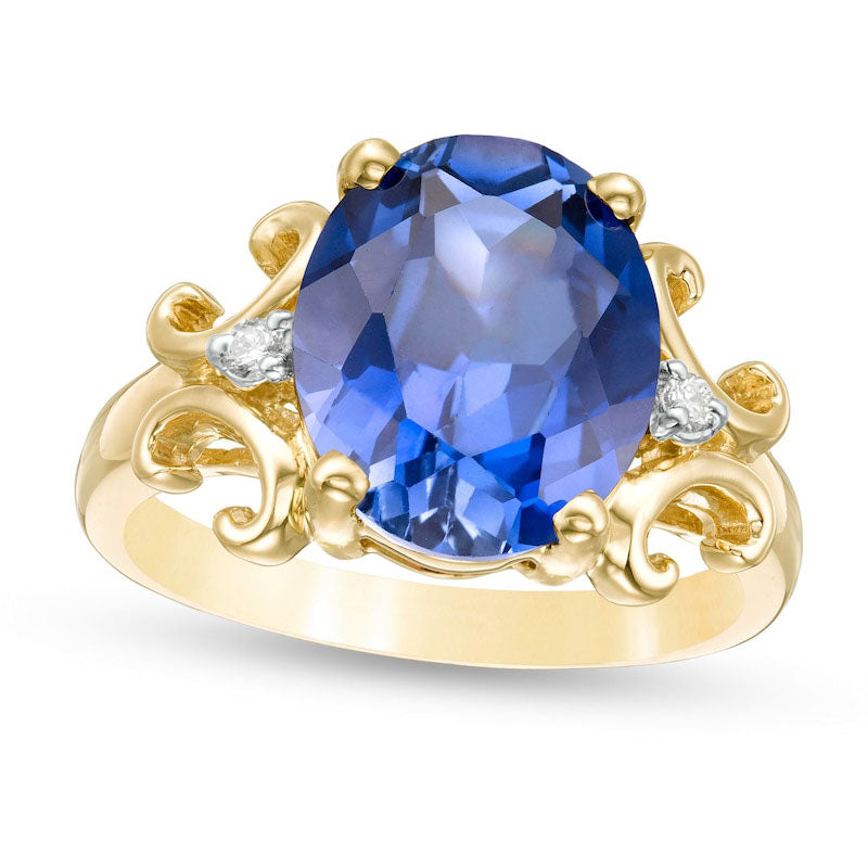 Image of ID 1 Oval Lab-Created Blue Sapphire and 005 CT TW Diamond Scroll Frame Ring in Solid 10K Yellow Gold