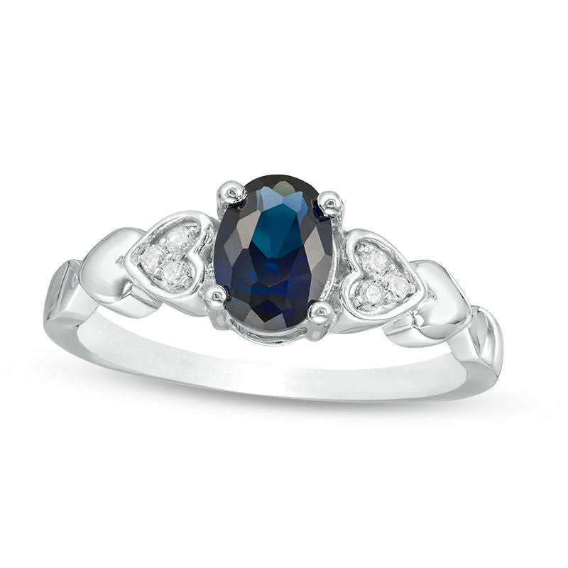 Image of ID 1 Oval Lab-Created Blue Sapphire and 005 CT TW Diamond Tri-Sides Hearts Promise Ring in Sterling Silver